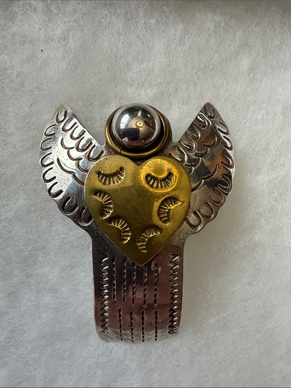 Mexico Silver & Gold Winged Heart Pin or Pendant